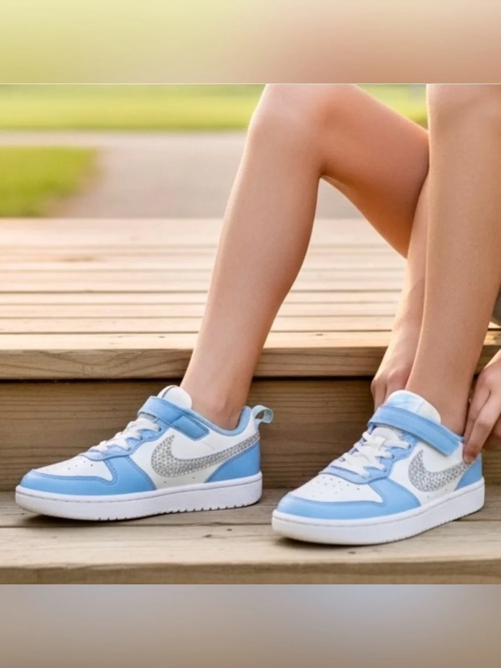 Big Kids NIKE COURT 2.5 Blue White Sneakers Bling Swoosh Logo Crystals